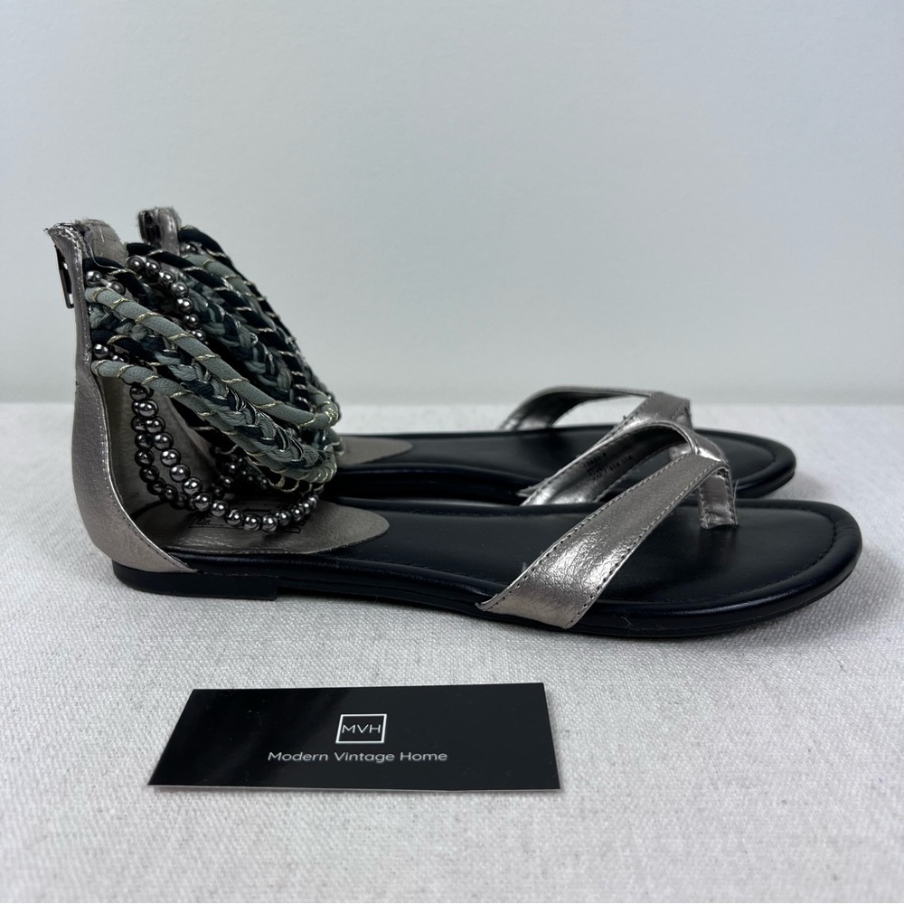 Decree Thong Sandal Womens Size 6.5  Silver Metallic Ankle Strap Back Zip